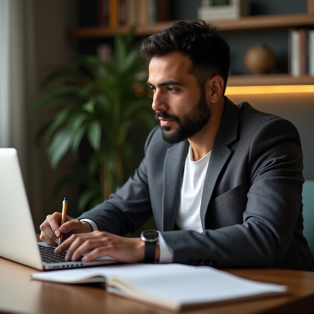 Consultant analizând date pe laptop și luând notițe pe carnet