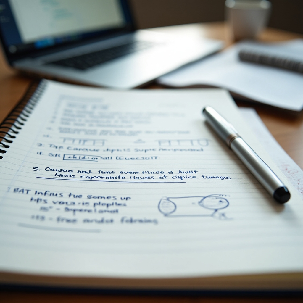 Notițe manuscrise cu planul unui audit de raportare, alături de un laptop deschis