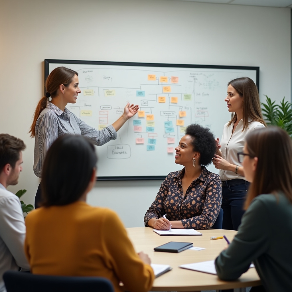 Echipă participând la un workshop despre raportare, în jurul unei table cu diagrame